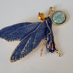 Gorgeous Blue Enamel Fairy With Moon Brooch/Pendant